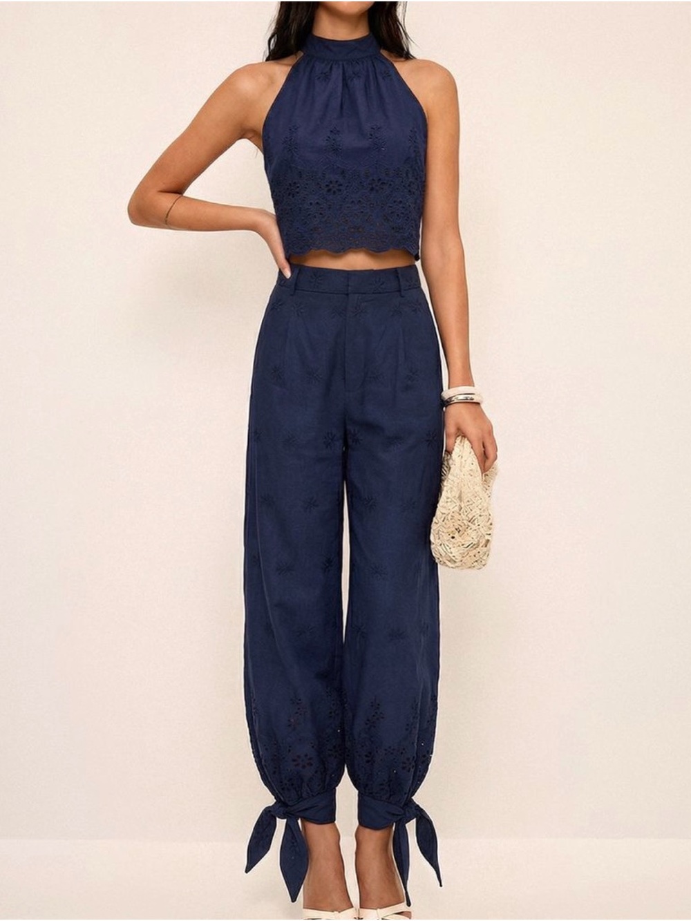 Women's Navy Top & Tie-Hem Pants Set
